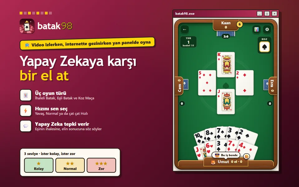 Yapay Zekaya karşı oyun: masada dört kart, maça koz ve Bu iş bende tepkisi