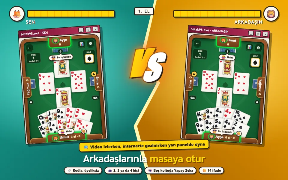 Arkadaşla çevrim içi oyun: aynı odadaki iki pencere, masadaki kartlar ve tepkiler