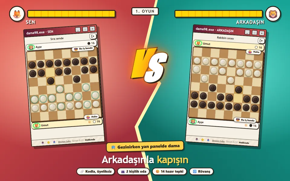 Arkadaşla çevrim içi oyun: aynı odadaki iki pencere, iki oyuncunun tahtası ve tepkiler