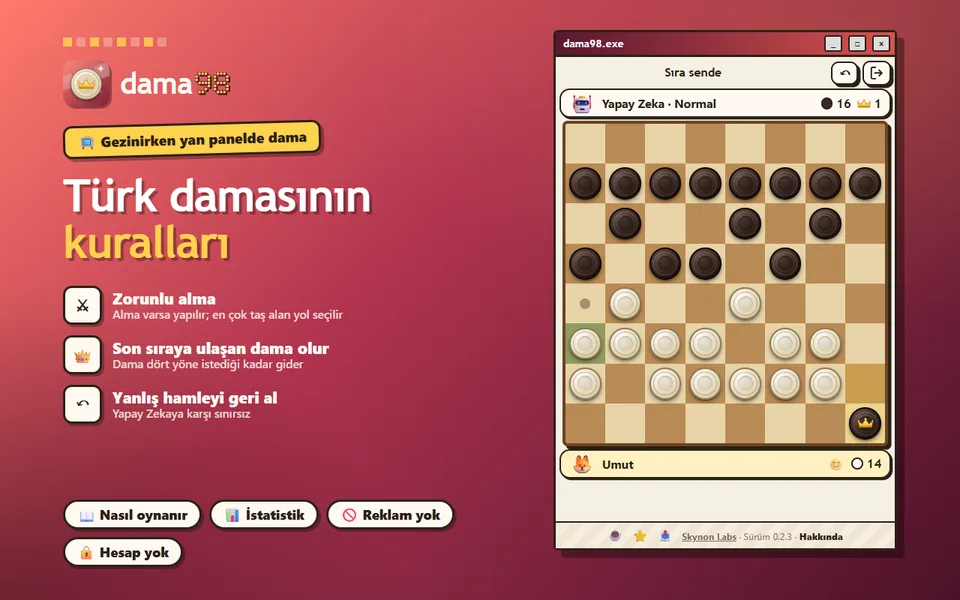 Oyunun ortası: seçilen taşın gidebileceği kare, alınan taşlar ve yan panelde taç takmış bir dama