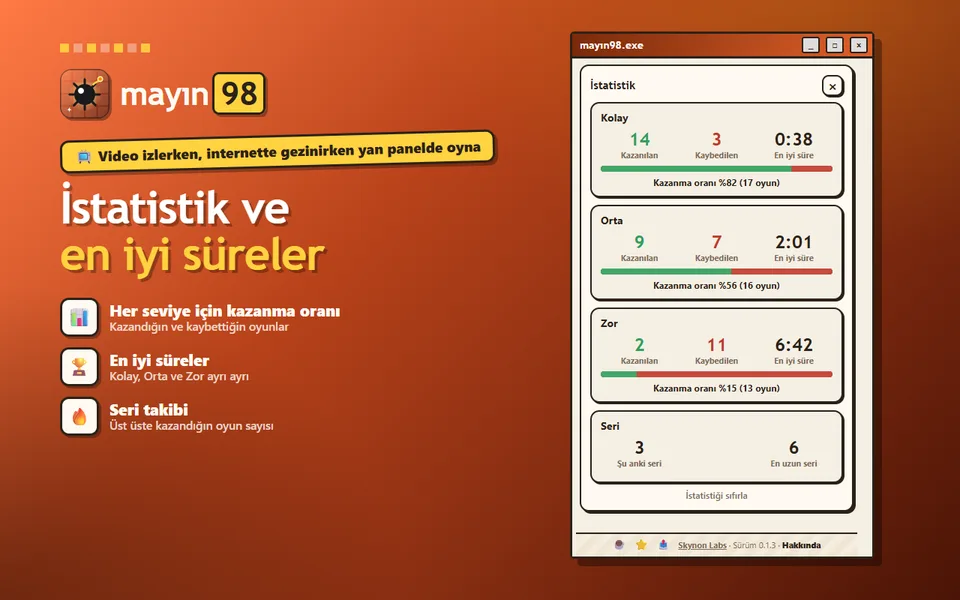 İstatistik ekranı: her seviye için kazanılan, kaybedilen, en iyi süre, kazanma oranı ve seri
