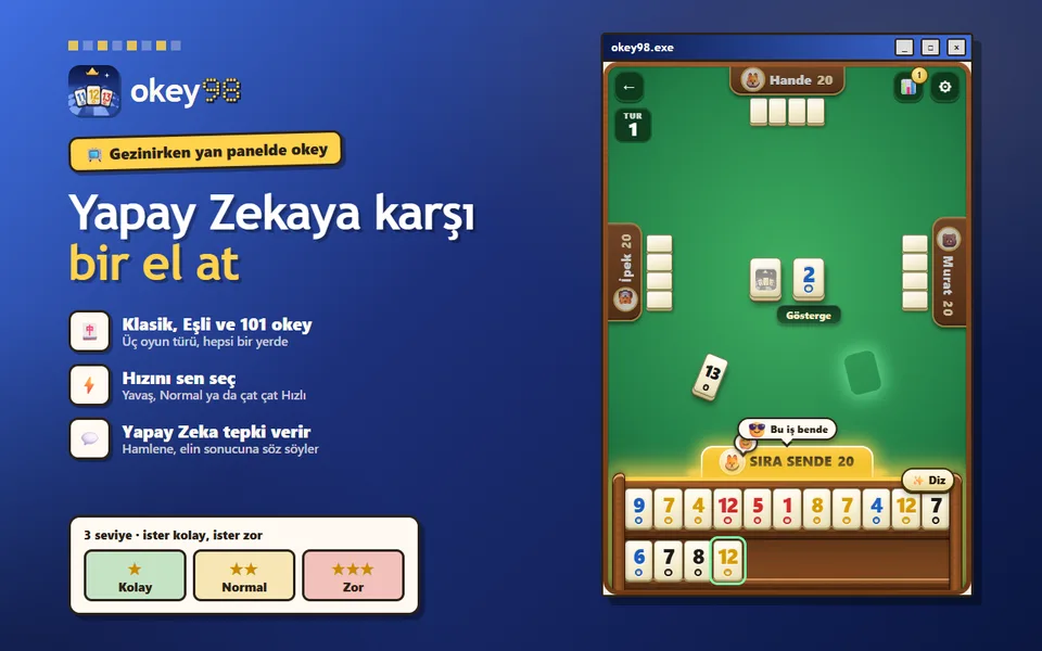 Yapay Zekaya karşı oyun: yeşil masa, gösterge taşı, iki katlı ıstakada dizili taşlar ve Bu iş bende tepkisi