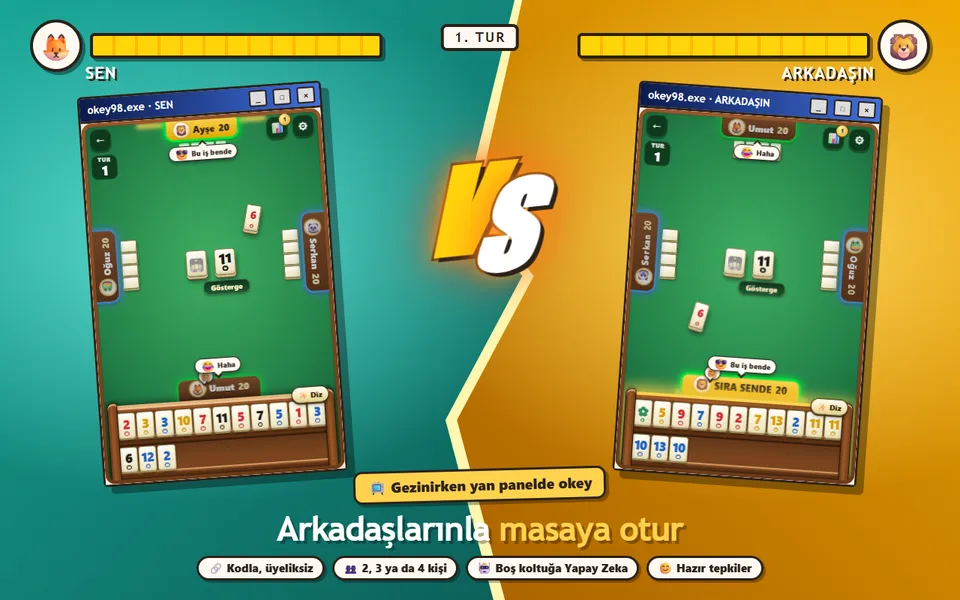 Arkadaşla çevrim içi oyun: aynı odadaki iki pencere, masadaki taşlar ve tepkiler