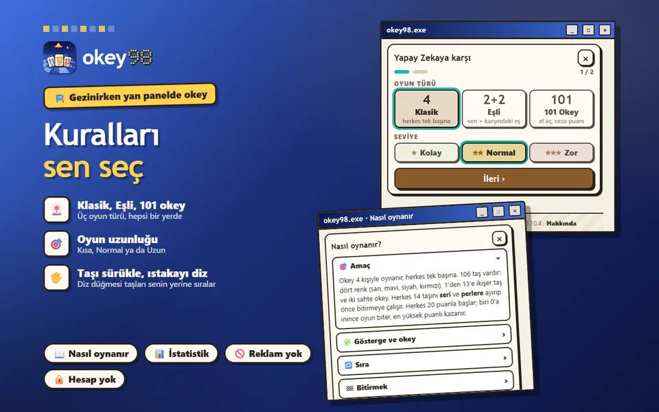 Oyun türü (Klasik, Eşli, 101) ve seviye seçimi, yanında Nasıl oynanır ekranı