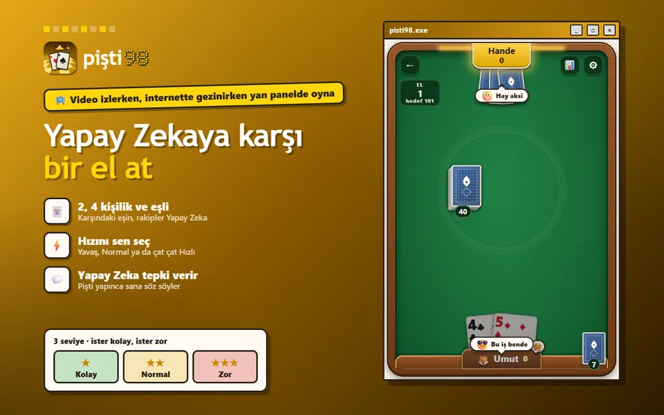 Yapay Zekaya karşı oyun: yeşil masa, ortadaki kartlar, elinizdeki kartlar ve Bu iş bende tepkisi