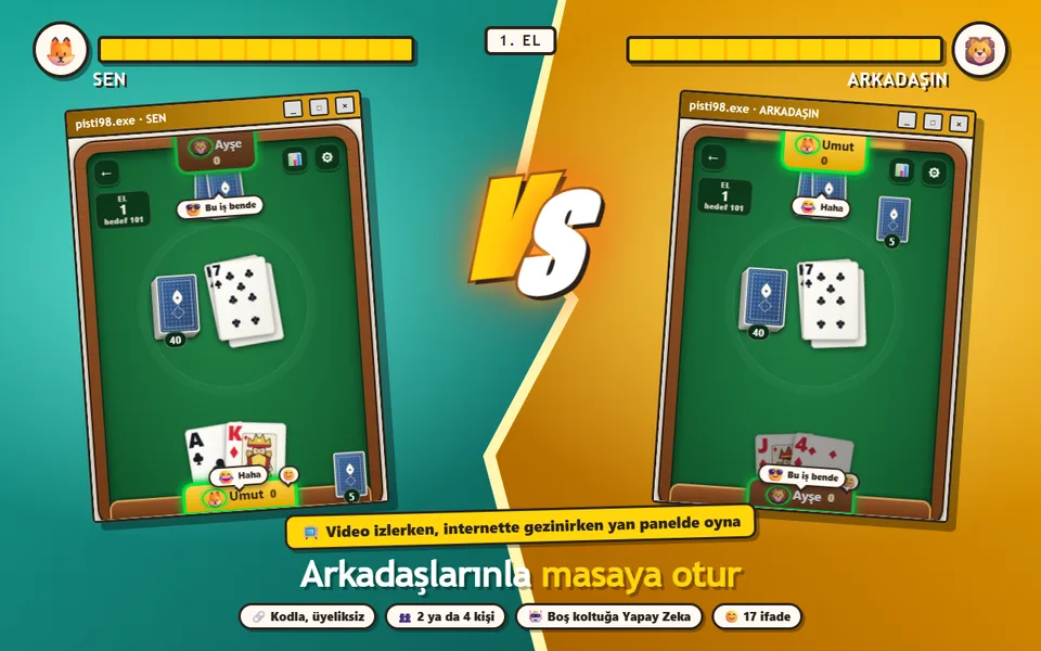 Arkadaşla çevrim içi oyun: aynı odadaki iki pencere, masadaki kartlar ve tepkiler