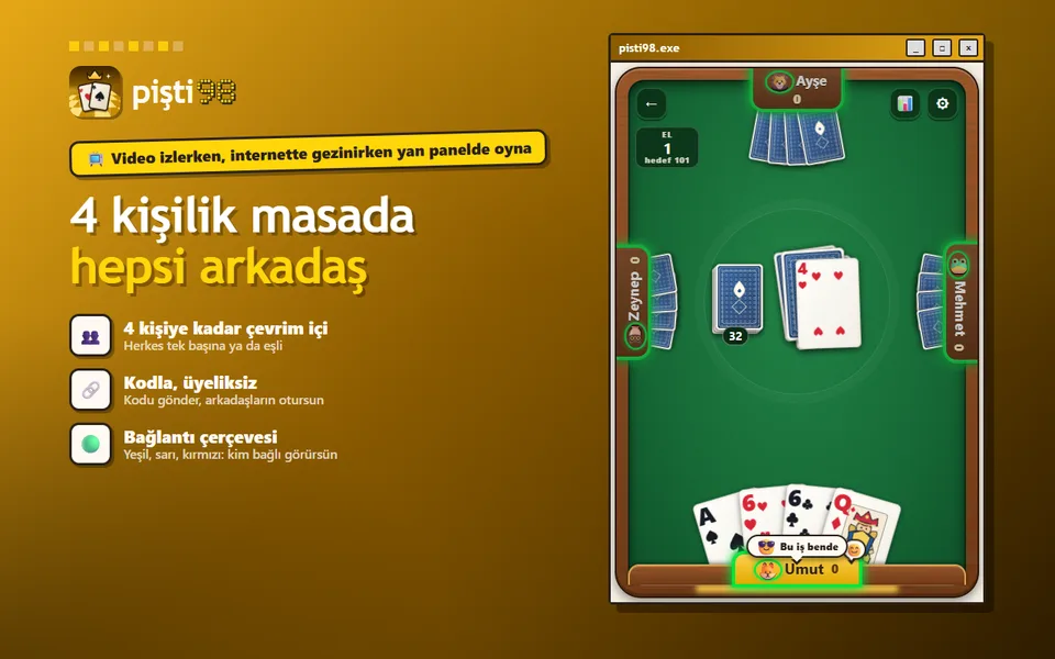 4 kişilik çevrim içi masa: dört oyuncu, bağlantı çerçeveleri ve masadaki kartlar
