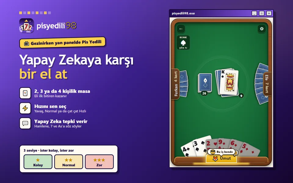 Yapay Zekaya karşı oyun: yeşil kart masası, çekme destesi, yerdeki kart, geçerli renk göstergesi ve elinizdeki kartlar; yanda üç seviye