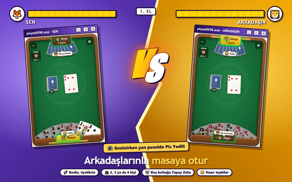 Arkadaşla çevrim içi oyun: aynı odadaki iki pencere, iki oyuncunun masası ve tepkiler