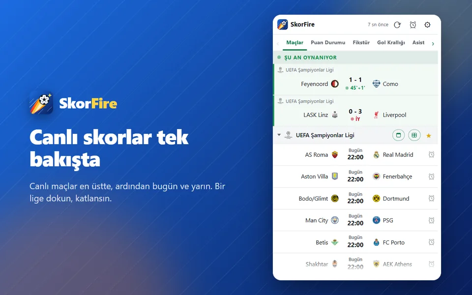 SkorFire maç listesi: canlı maçlar en üstte, ardından bugünün maçları