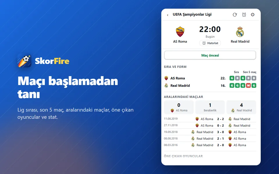 Maç öncesi ekranı: lig sırası, son 5 maç ve aralarındaki maçlar