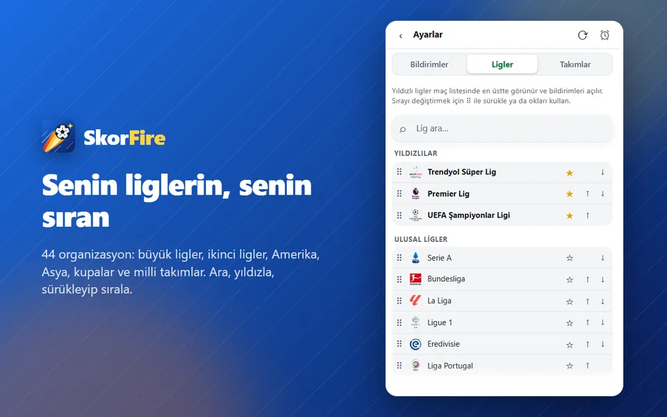 Lig ayarları: arama, yıldızlama ve sıralama
