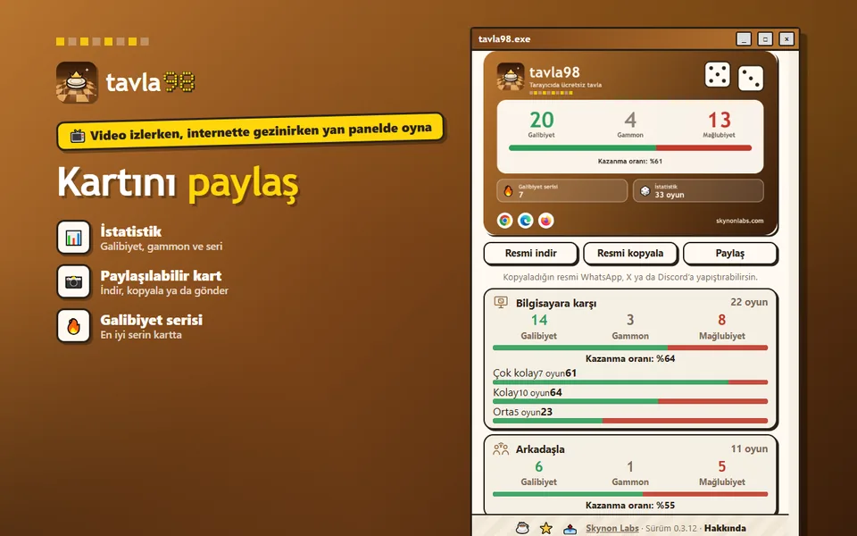 Paylaşılabilir istatistik kartı: galibiyet, gammon ve seri