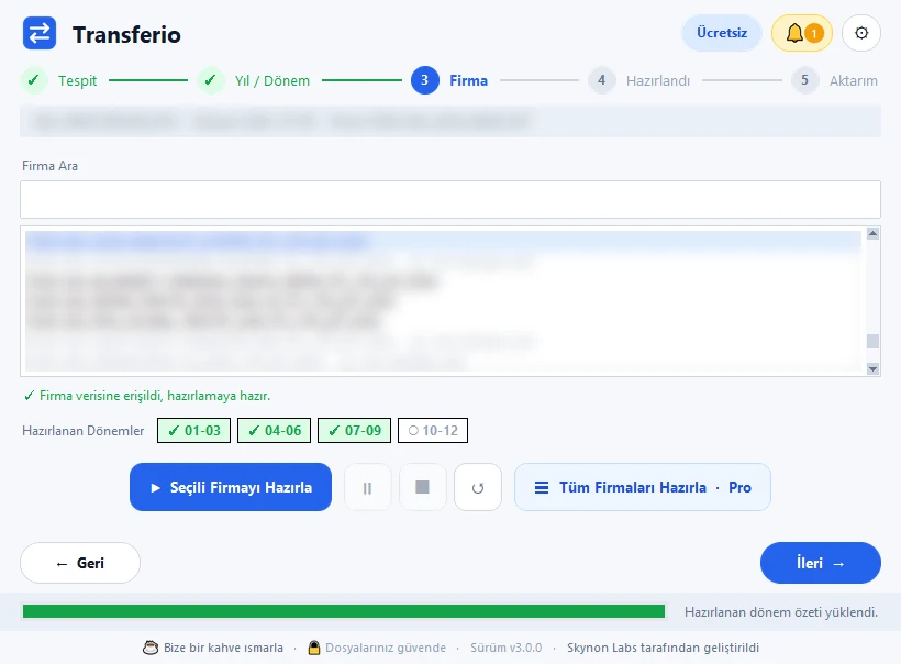 Transferio firma veritabanı seçimi