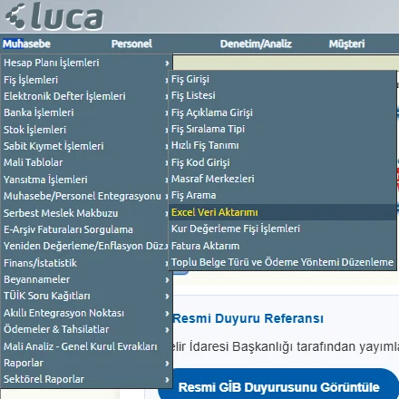 Luca Excel Veri Aktarımı menüsü