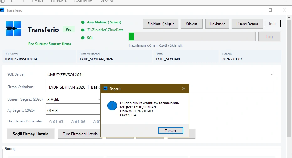 Transferio hazırlama başarılı popup